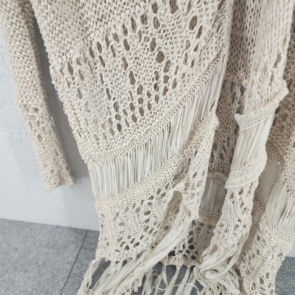 Cream Open Knit Fringe Hem Longline Cardigan Boho Womens Small Coastal Festival - Picture 3 of 5